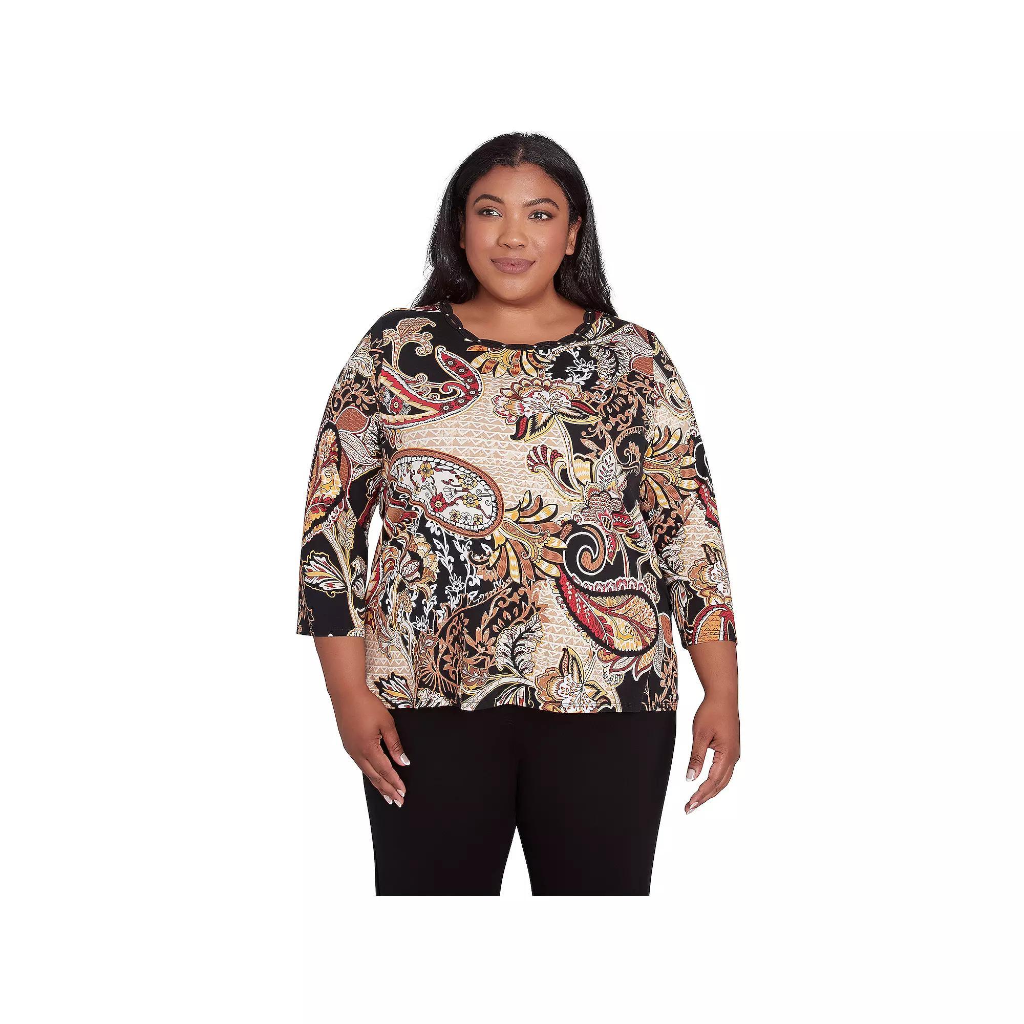 Plus Size Alfred Dunner Braided Neck Paisley Tee, Womens Product Image