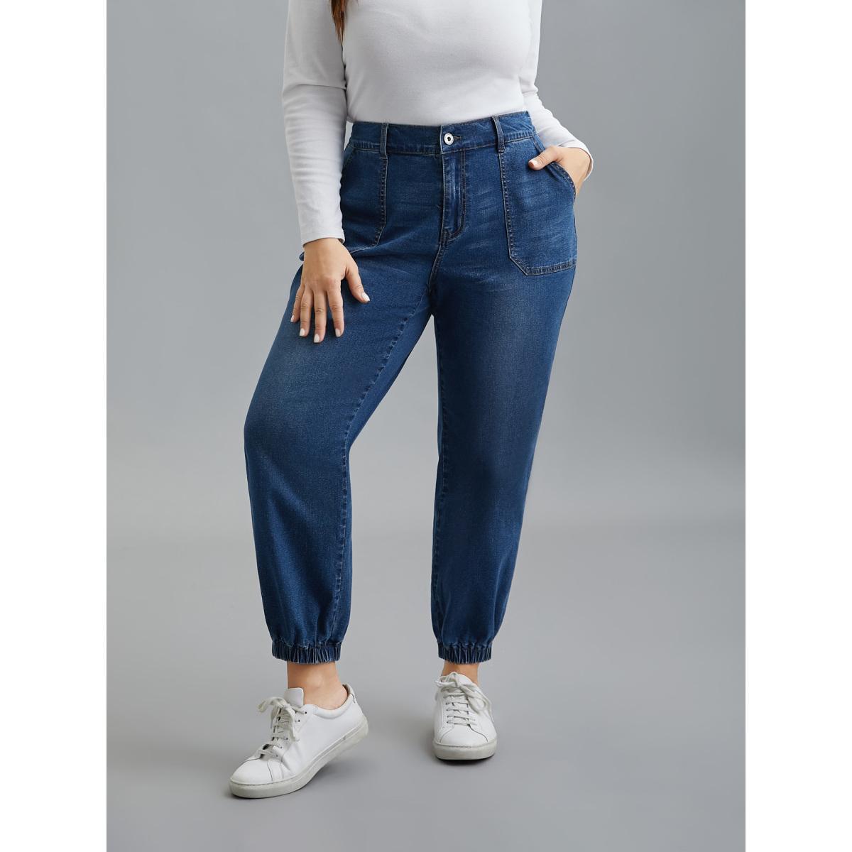 Plus Size Elastic Cuffs Adjustable Waist Straight Jeans Women Midblue Casual Button Medium stretch Slanted pocket Jeans BloomChic 18/2X Product Image