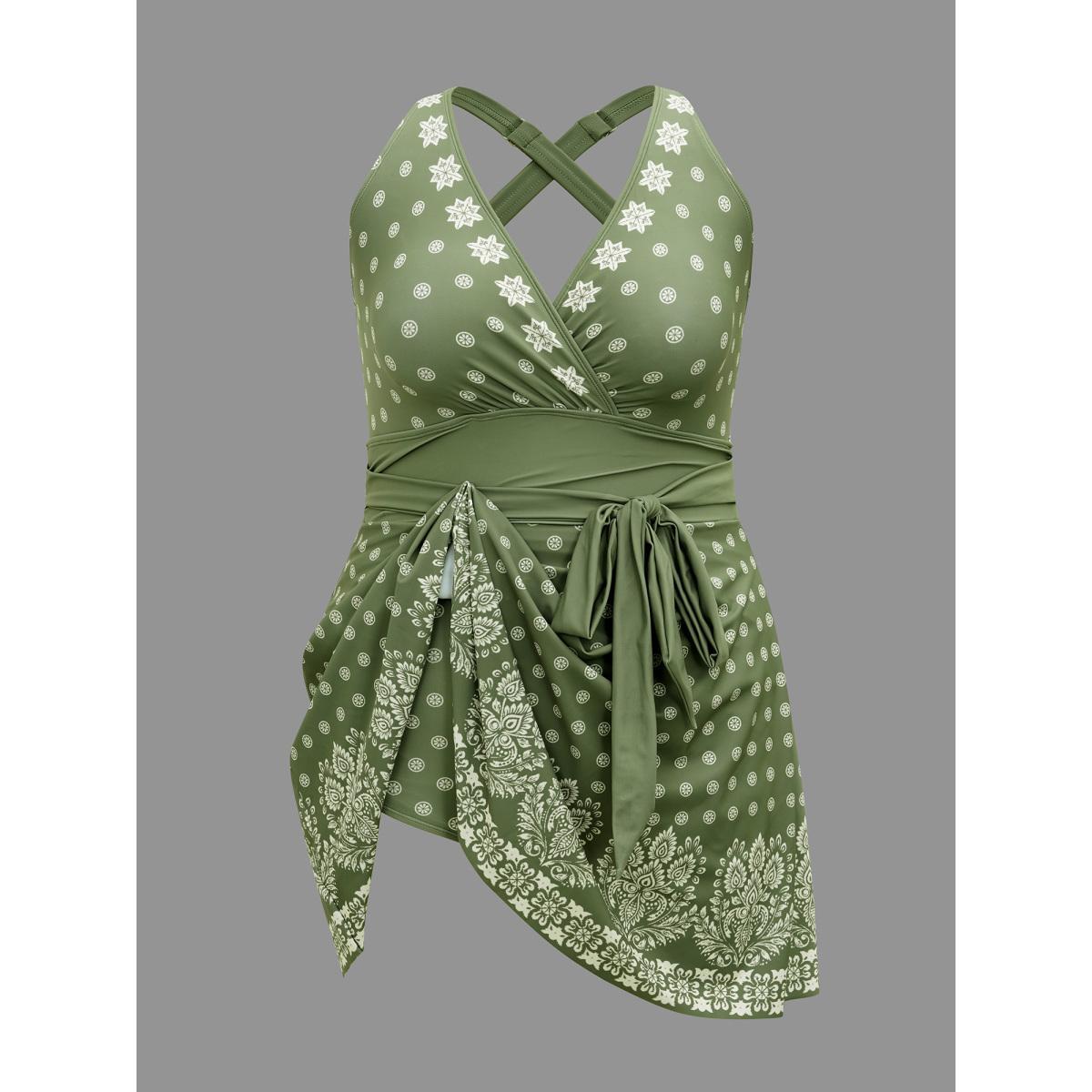 Plus Size Boho Print Waist-Tie Surplice Neck Swim Dress Women's Swimwear Greenbean Beach Bodycon Overlap Collar High stretch Curve Swim Dresses BloomChic 28/5X Product Image