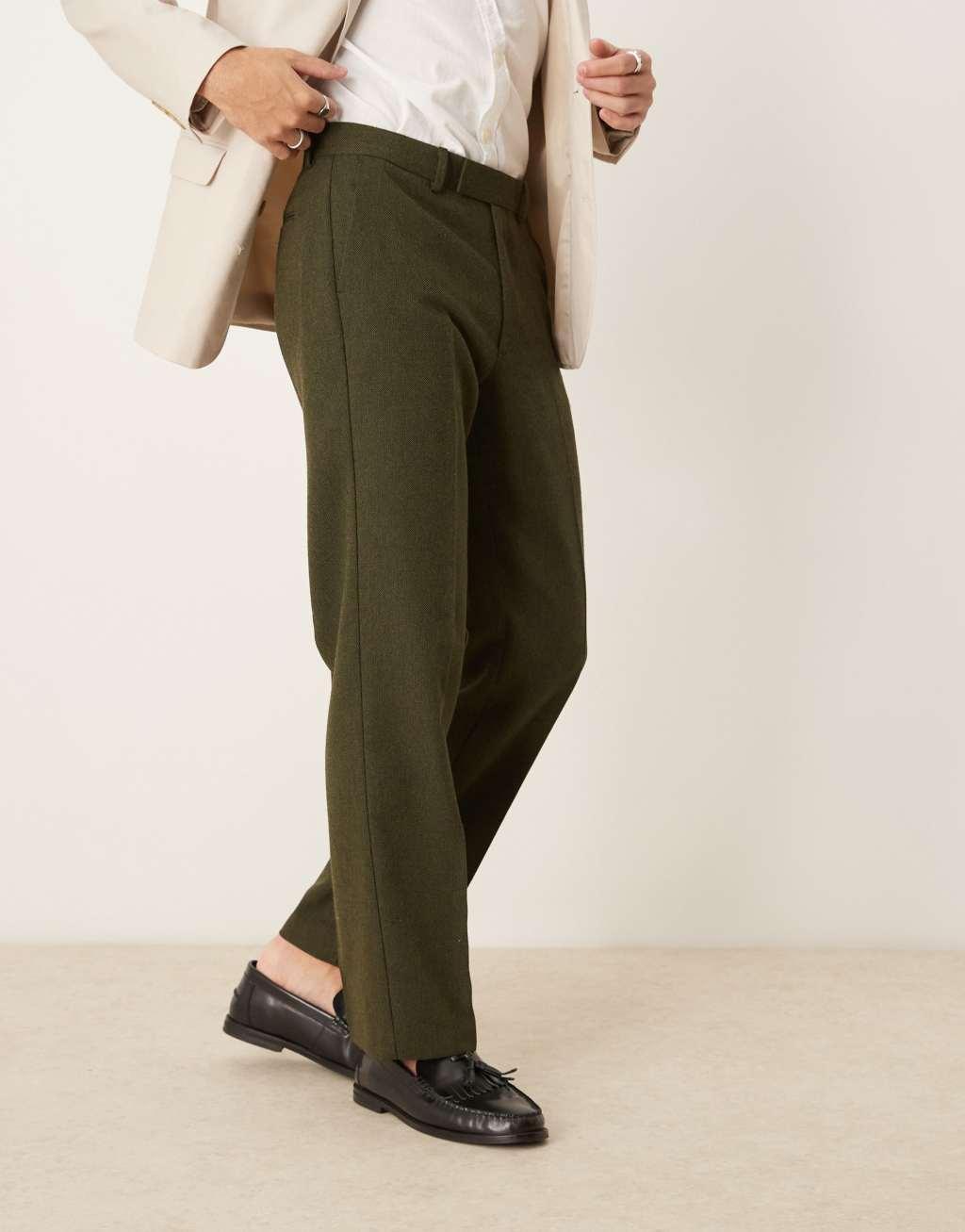 ASOS DESIGN smart wool mix straight leg pants in dark green twill Product Image