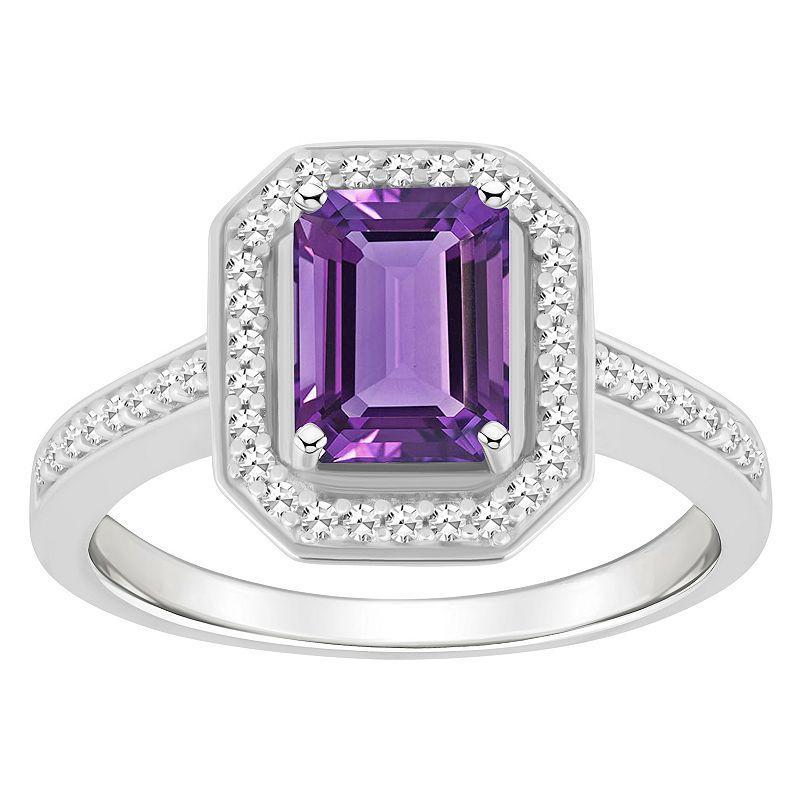 Celebration Gems Sterling Silver 8 mm x 6 mm Emerald Cut Gemstone & 1/5 Carat T.W. Diamond Halo Ring, Women's, Purple Product Image