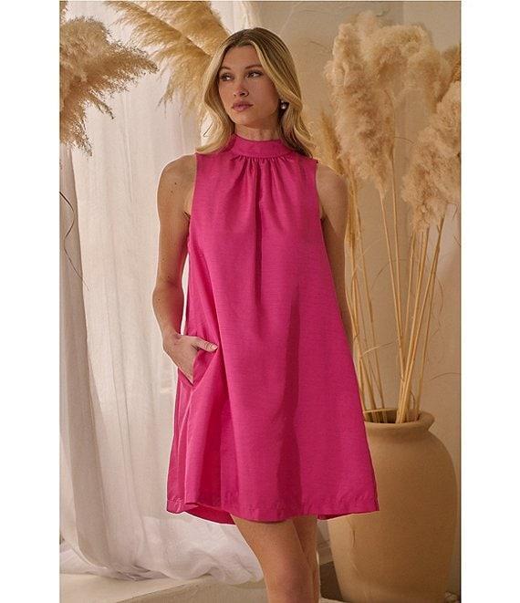 Sugarlips Keyla Trapeze Solid Taffeta Mock Neck Back Tie Bow Mini Dress Product Image