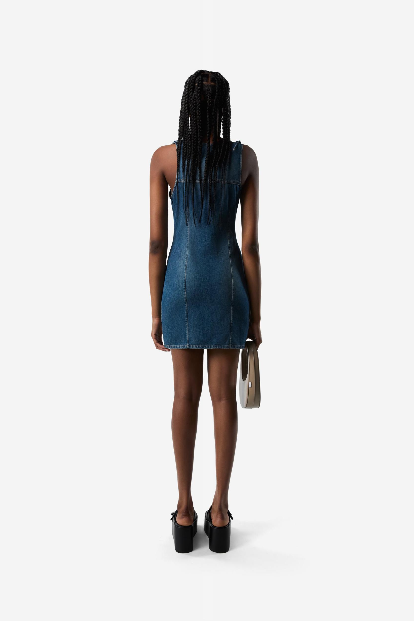 Denim Asymmetric Flower Mini Dress Product Image