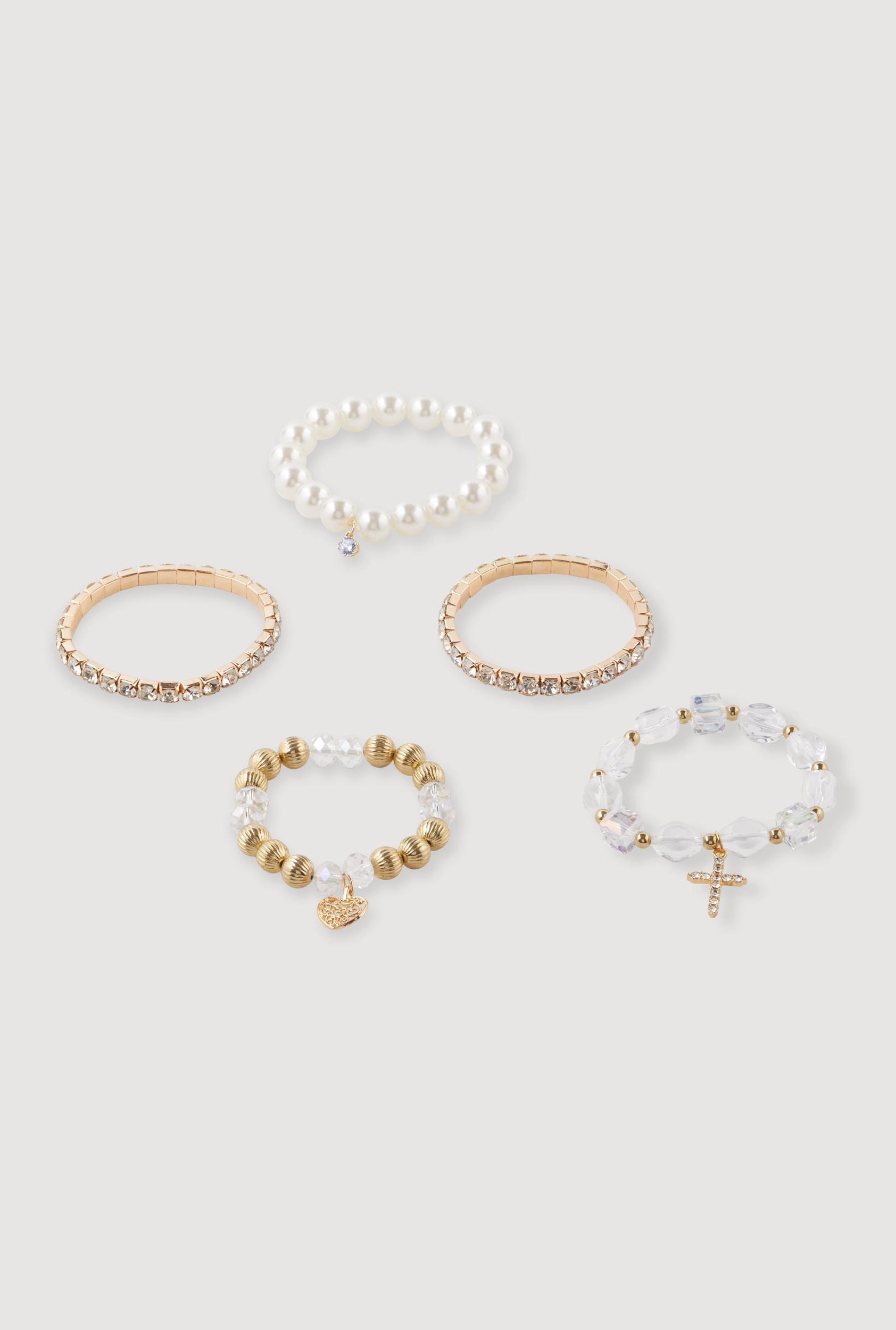 Faux Pearl Rhinestone Charm Stretch Bracelets Set of 5 Female Product Image