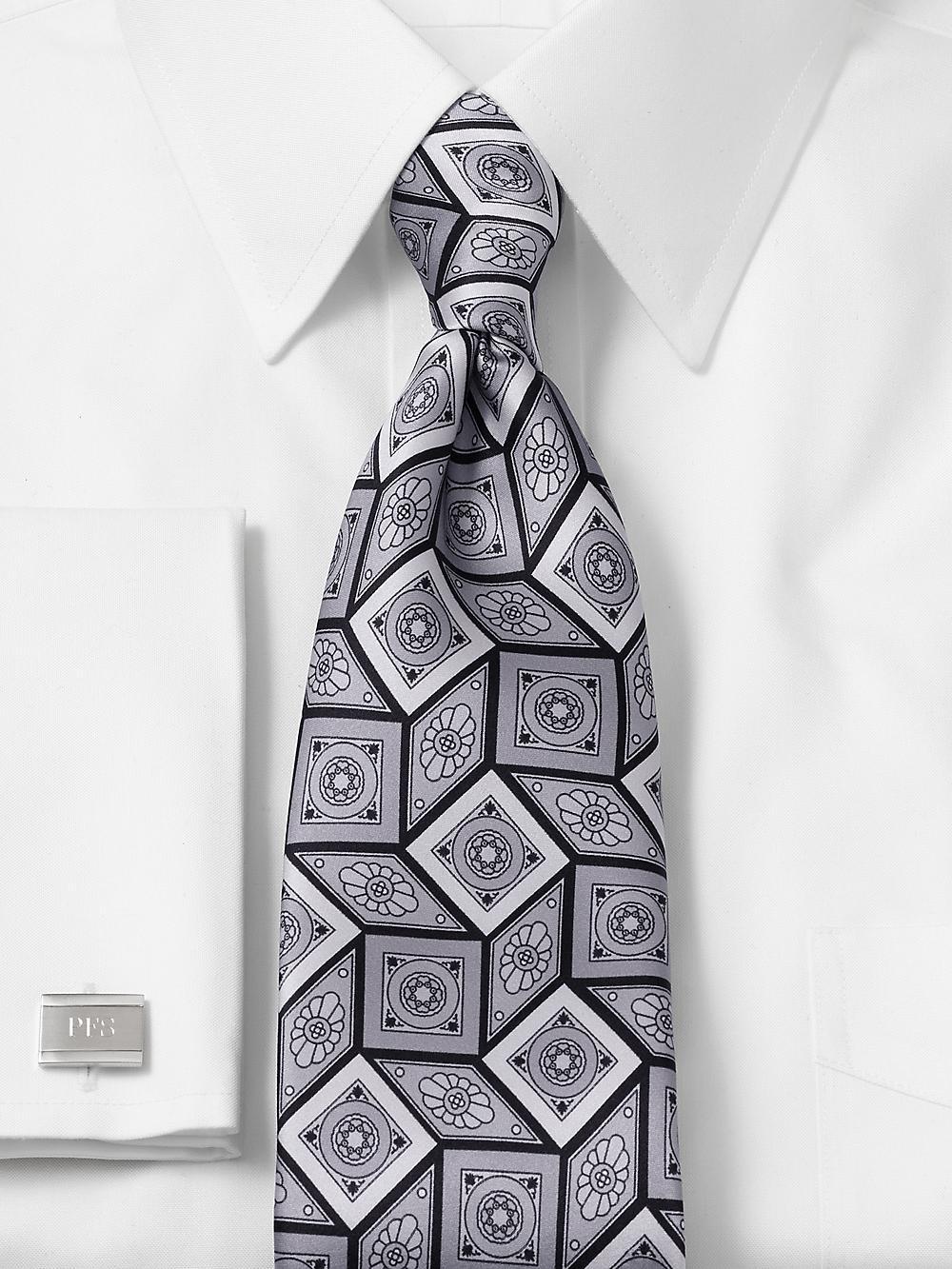 Medallion Printed Italian Silk Tie - Silver Product Image
