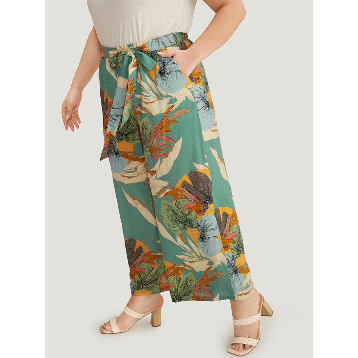 Plus Size Plants Print Elastic Waist Ties Pants Women Mint Vacation Straight Leg High Rise Dailywear Pants BloomChic 12/L Product Image