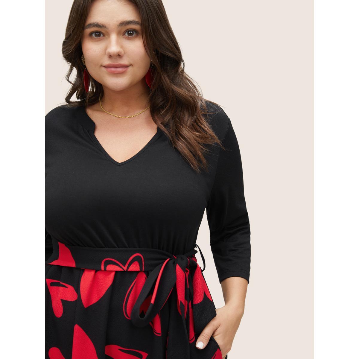 Plus Size Heart Print Notched Belted Patchwork Dress Black Women Elegant Non Notched collar Elbow-length sleeve Curvy Midi Dress BloomChic 30/6X Product Image