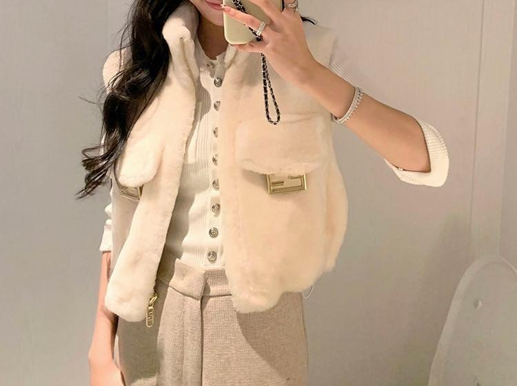 Elbow Sleeve Henley Plain Pocket Ribbed Knit Top Product Image