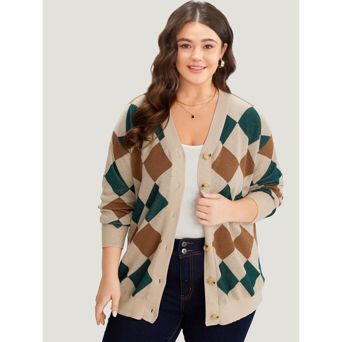 Plus Size Argyle Plaid Contrast Button Up Cardigan Multicolor Women Casual Loose Long Sleeve Dailywear Cardigans BloomChic 30/6X Product Image