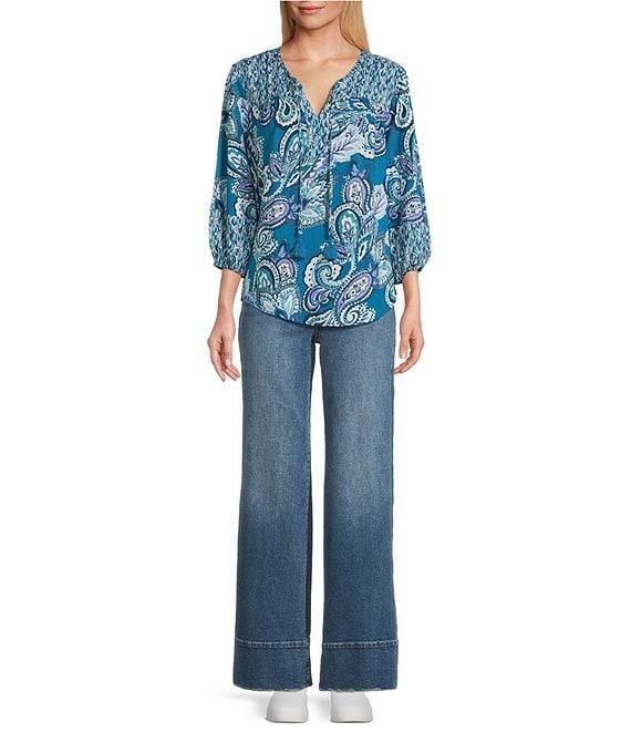 Westbound Woven Celestial Spice Mix Paisley 3/4 Sleeve V-Neck Tie Top Product Image