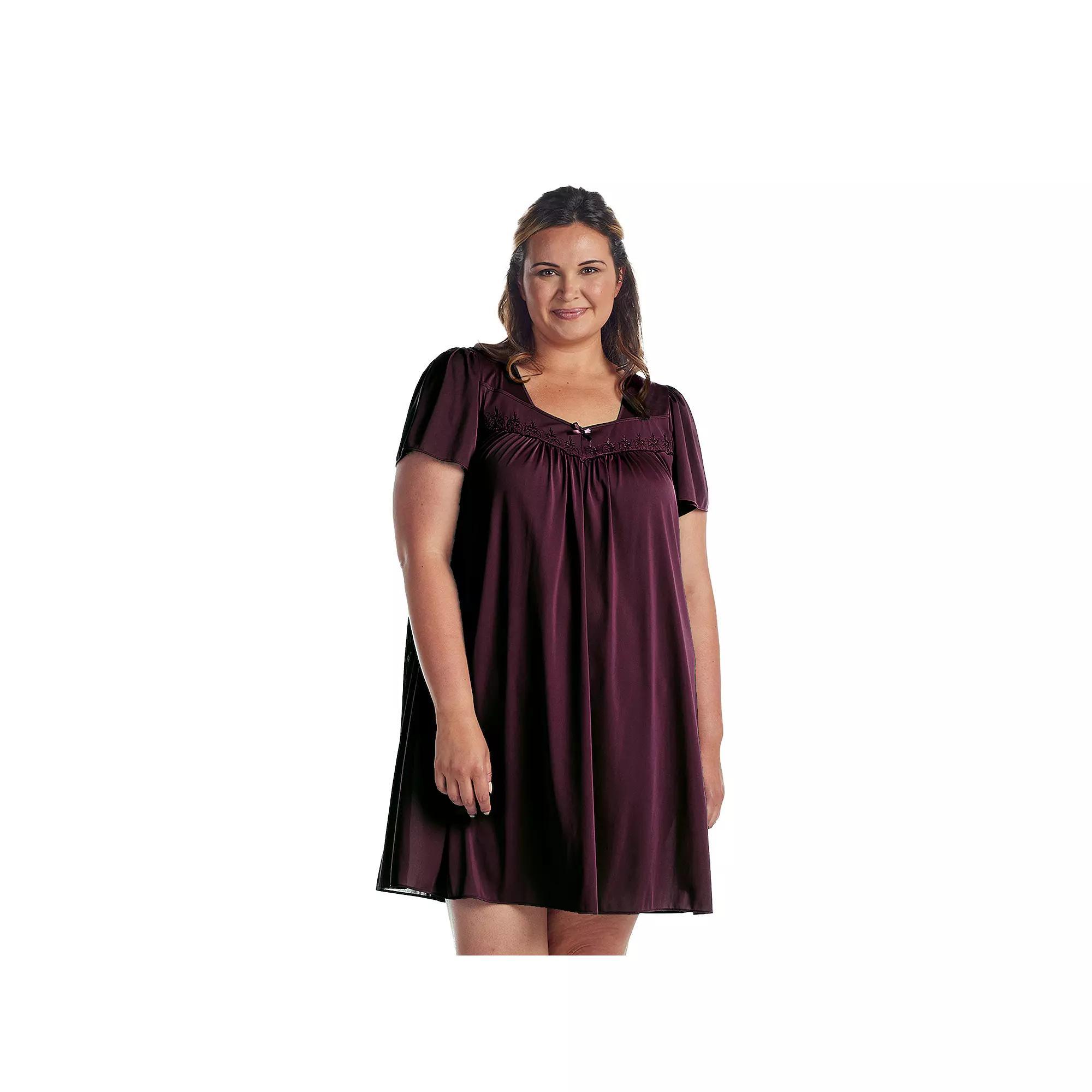 Plus Size Miss Elaine Essentials Tricot Short Gown with Flutter Sleeves, Women's, Size: 2XL, Egg Plant Product Image