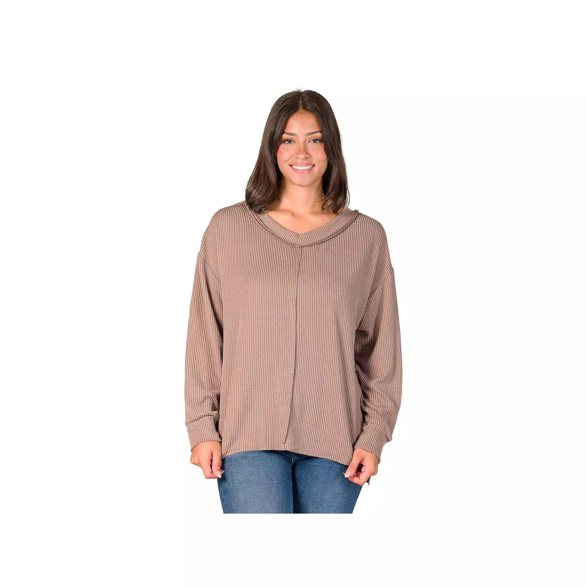 Women's 24Seven Comfort Apparel Relaxed Fit Ribbed V Neck Sweater Top, Size: 1XL, Brown Product Image