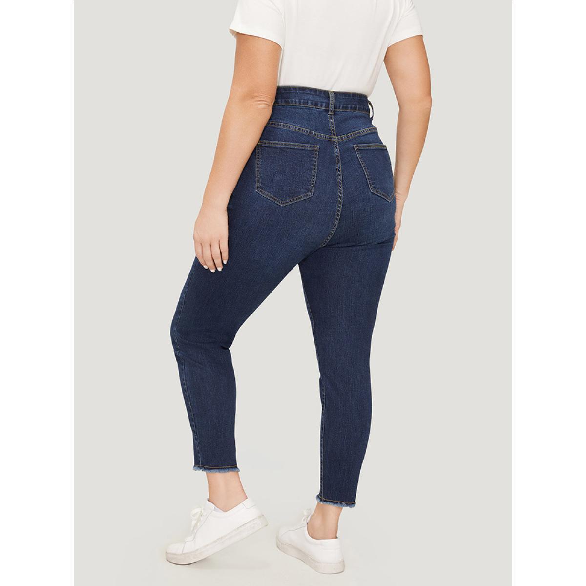 Plus Size Straight Leg Very Stretchy Raw Hem Jeans Women DarkBlue Casual Plain High stretch Pocket Jeans BloomChic 12/L Product Image