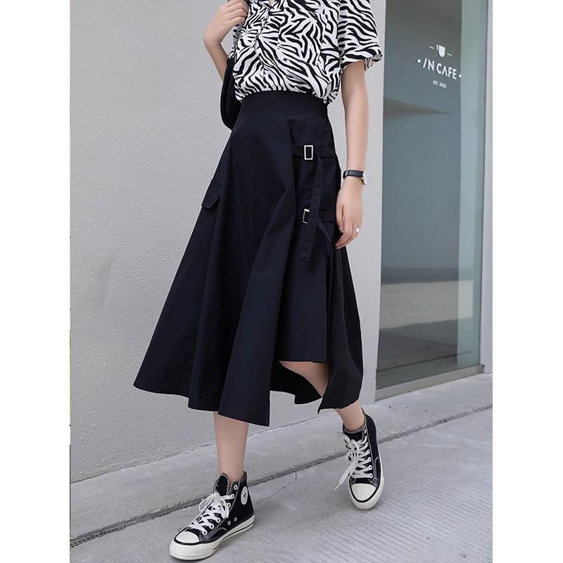 Elastic Waist Plain Asymmetrical Buckled Slit Midi A-Line Skirt Product Image