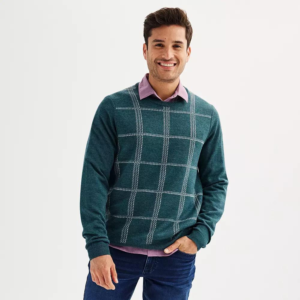 Men's Apt. 9® Merino Wool Plaid Crewneck Sweater, Size: Small, Blue Plaid Product Image