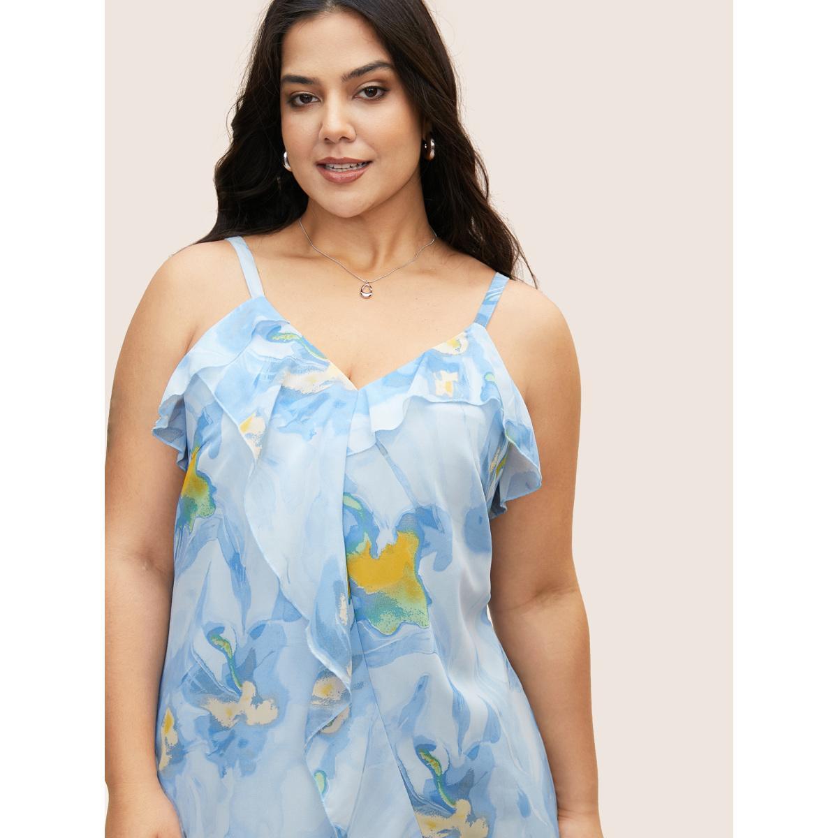 Plus Size Watercolor Floral Ruffle Trim Slit Hem Dress LightBlue Women Elegant Slit Non Sleeveless Curvy BloomChic 10/M Product Image