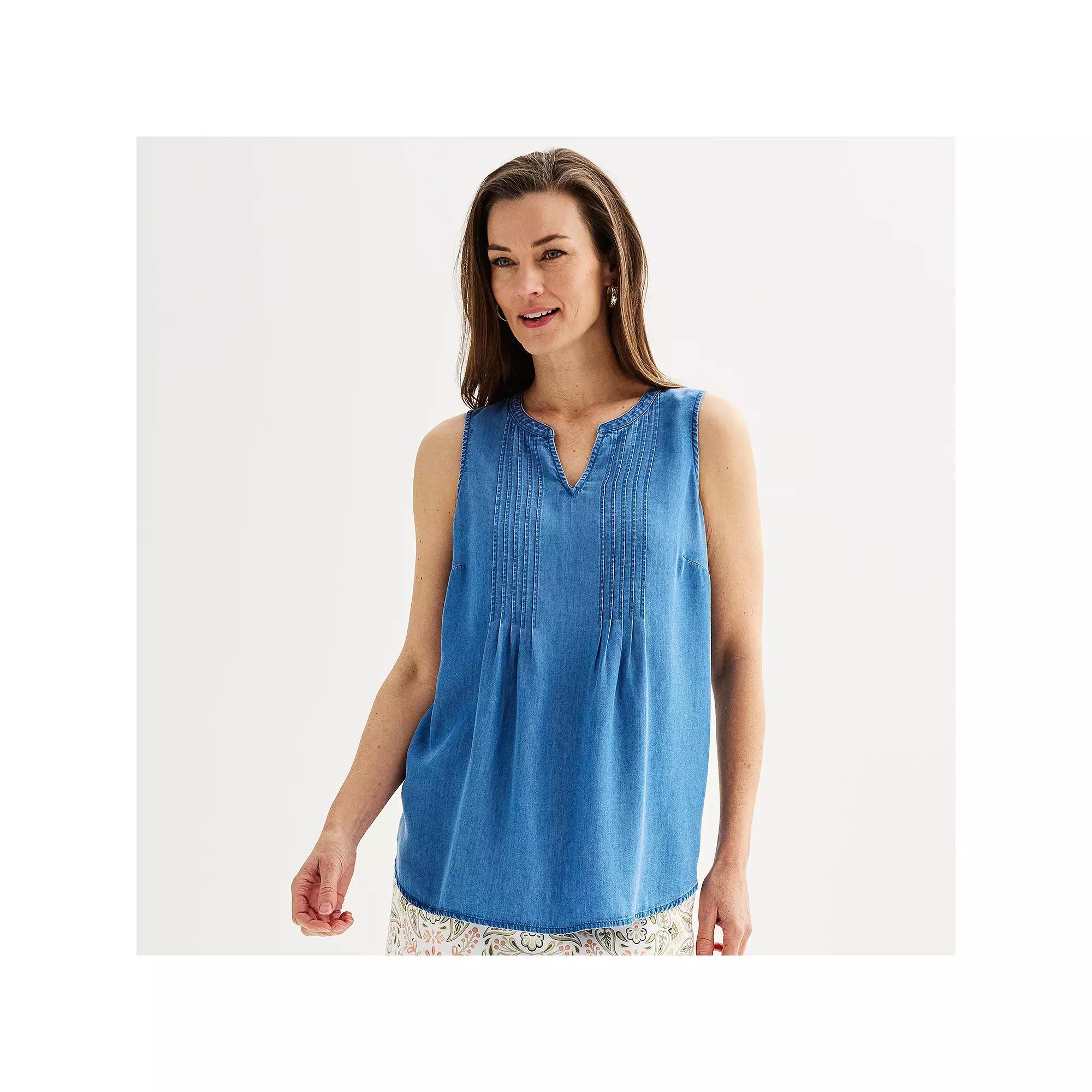 Womens Croft & Barrow Pintuck Sleeveless Shell Top Light Blue Chambray Product Image