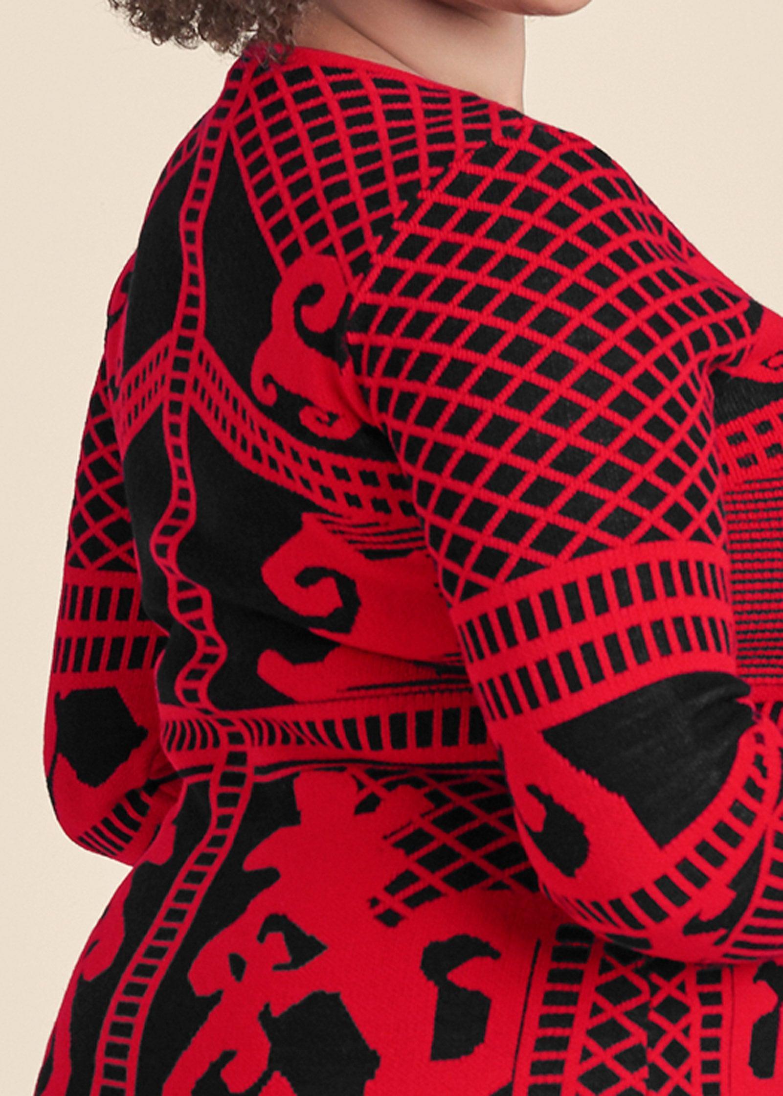 Printed Sweater Dress - Black & Red Product Image