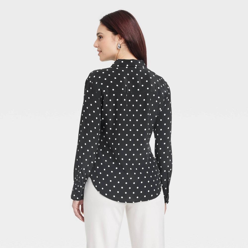 Womens Long Sleeve Collared Button-Down Shirt - A New Day Polka Dots XL: Relaxed Fit, Crepe Fabric Product Image