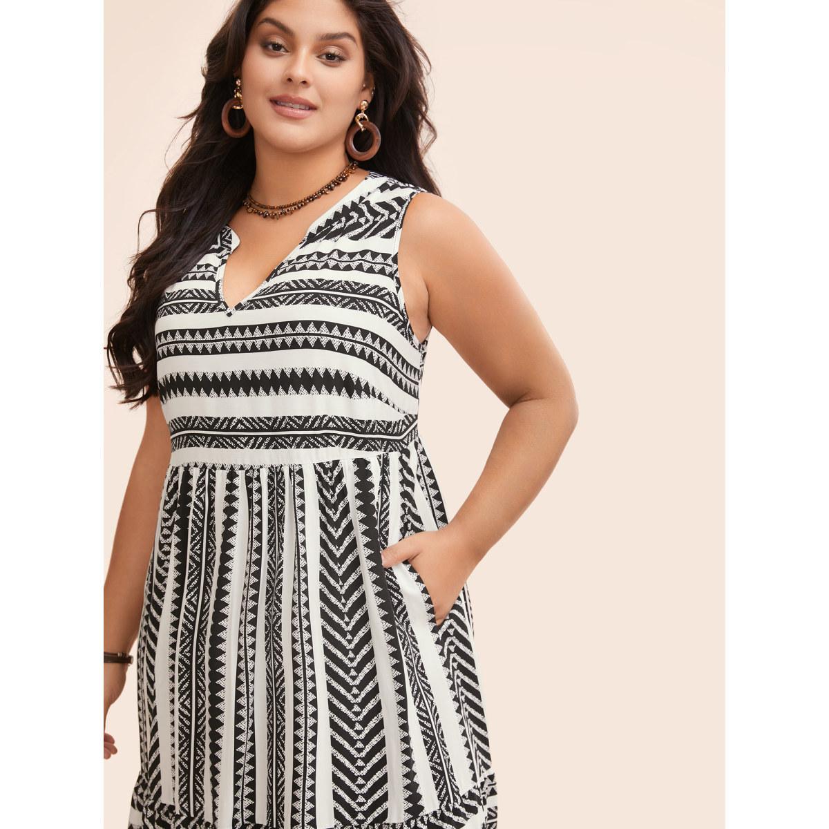 Plus Size Striped Geometric Pocket Ruffle Hem Sleeveless Tank Dress Ivory Women Casual Non V-neck Sleeveless Curvy BloomChic 14-16/1X Product Image