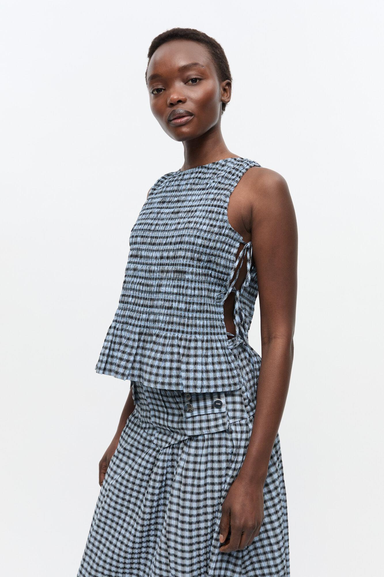 Blue Seersucker Check Smock Tie String Top Product Image