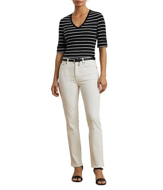 Lauren Ralph Lauren Knit Stripe Stretch Cotton V-Neck Elbow Sleeve Tee Product Image