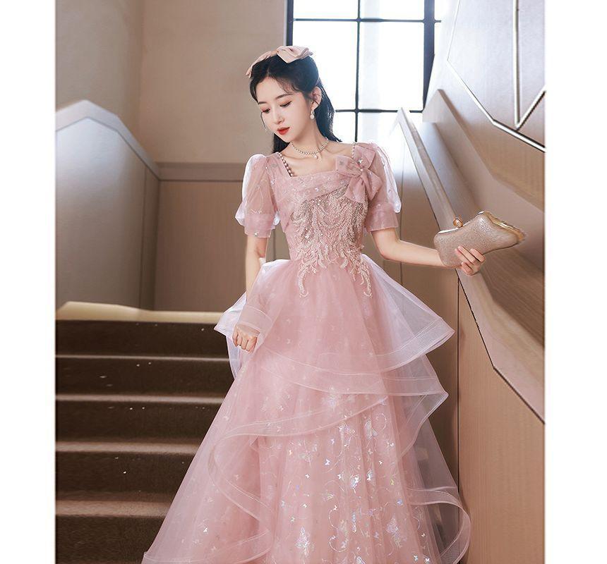 Short-Sleeve Square Neck Mesh A-Line Evening Gown Product Image