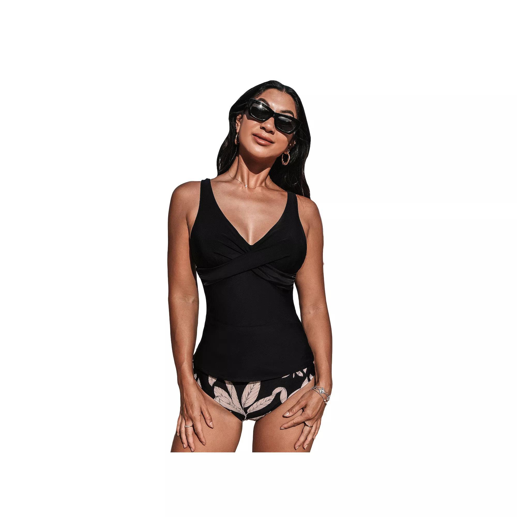 Women's Cupshe 2-Piece Black Wrapped Tankini Swim Top & Tropical Mid-Rise Swim Bottoms Set, Size: XL Product Image