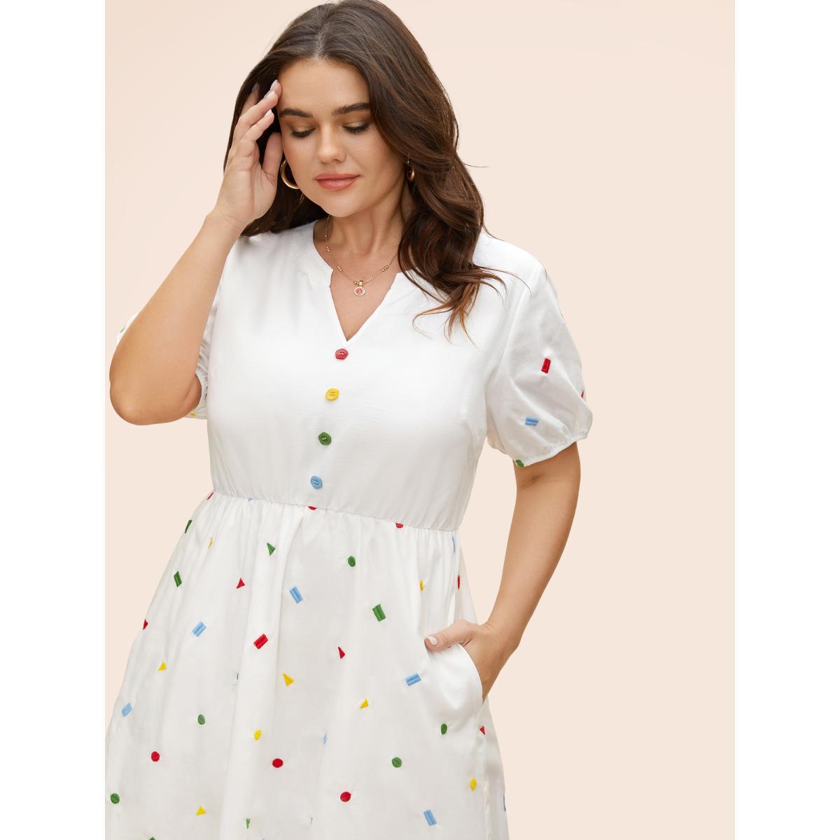Plus Size Cotton Confetti Print Elastic Waist Midi Dress Originalwhite Women Elegant Gathered Notched collar Short sleeve Curvy BloomChic 22-24/3X Product Image