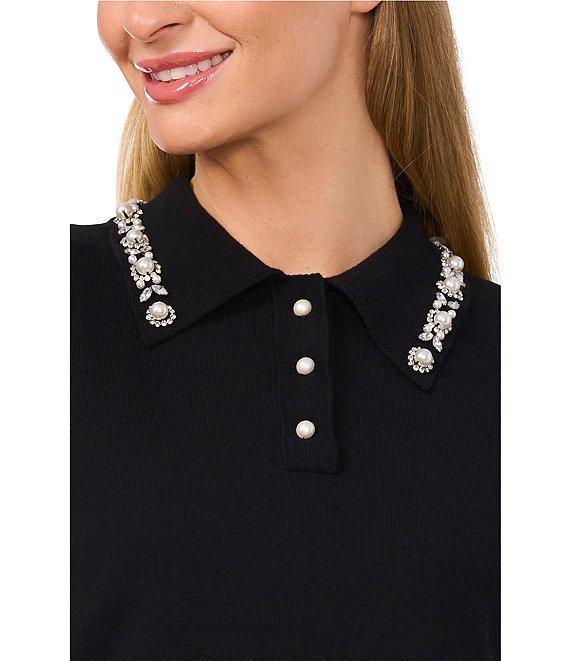 CeCe Polo Collar Short Sleeve Embellished Sweater Product Image