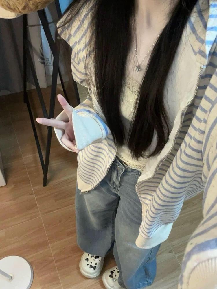 Long Sleeve Bow Print Striped Zip-Up Loose-Fit Hooded Jacket Product Image