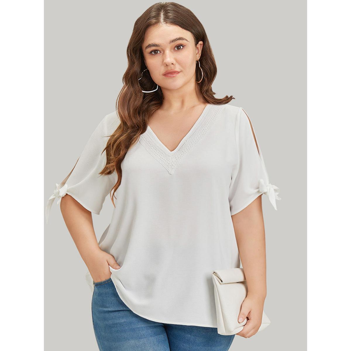 Plus Size Ivory Anti-Wrinkle Plain Lace Cut Out Knot Sleeve Blouse Women Office Short sleeve V-neck Work Blouses BloomChic 22-24/3X Product Image