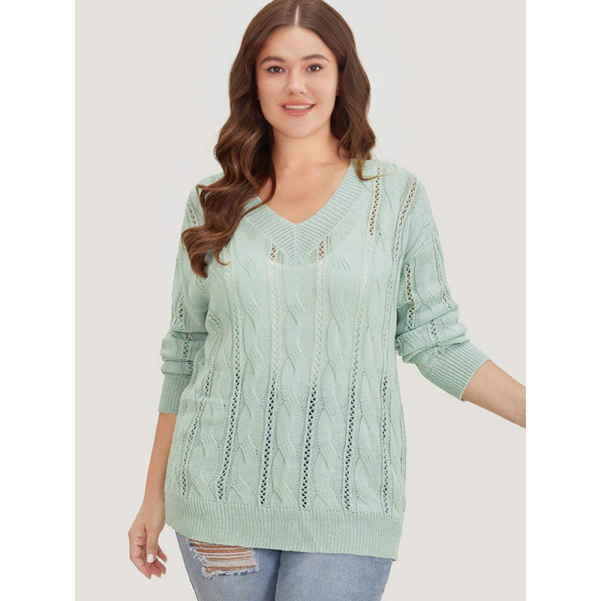 Plus Size Plain Cable Knit Drop Shoulder Pullover LightGreen Women Casual Loose Long Sleeve V-neck Dailywear Pullovers BloomChic 26/4X Product Image