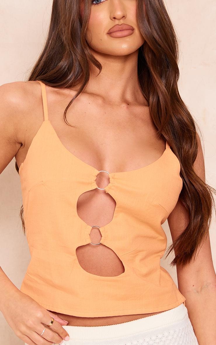 Orange Linen Look Strappy Ring Detail Cut Out Crop Top Product Image