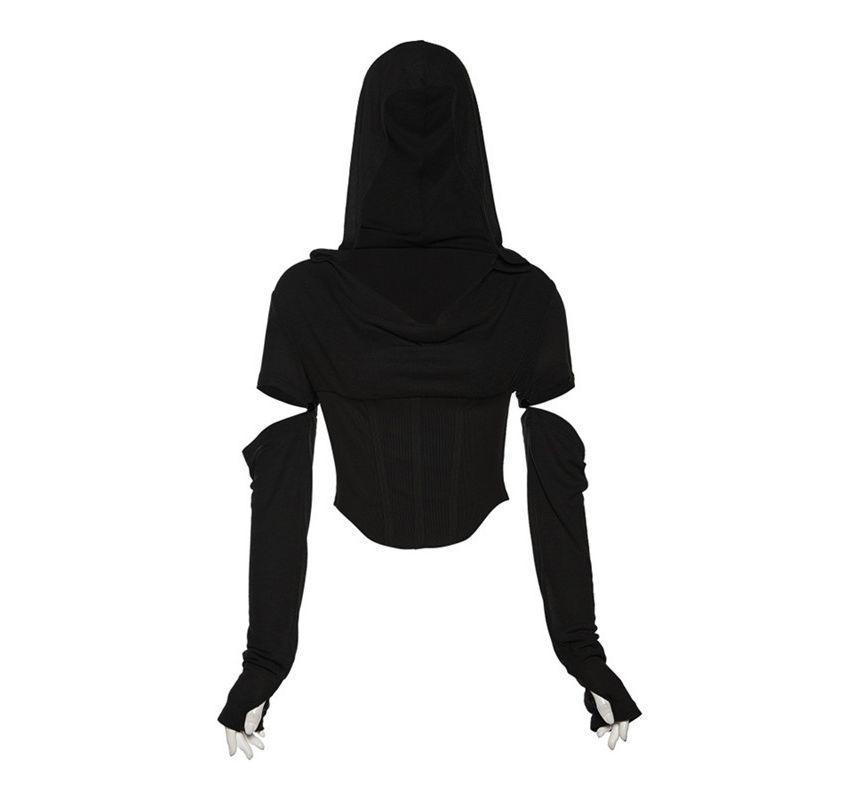 Long Sleeve Cowl Neck Plain Hooded Bustier Crop Top Product Image