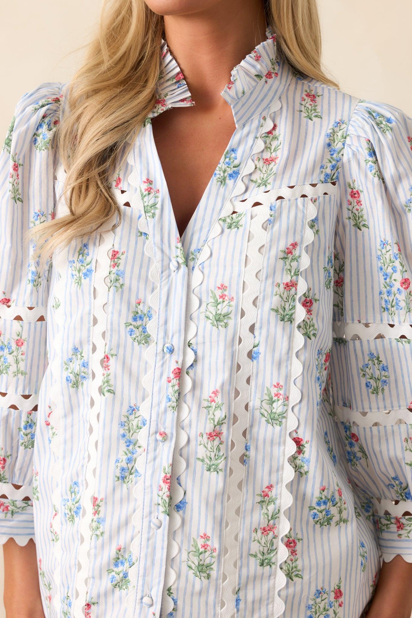 For Keeps Light Blue Stripe Floral Cotton Button Front Top Product Image