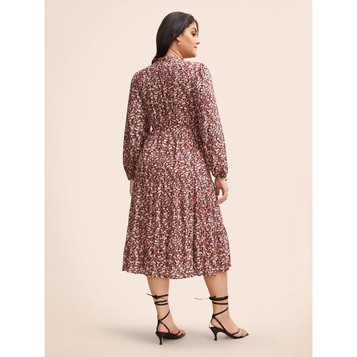 Plus Size Ditsy Floral Shirred Pocket Pleated Frill Trim Dress Scarlet Women Elegant Elastic cuffs Round Neck Long Sleeve Curvy Midi Dress BloomChic 14-16/1X Product Image