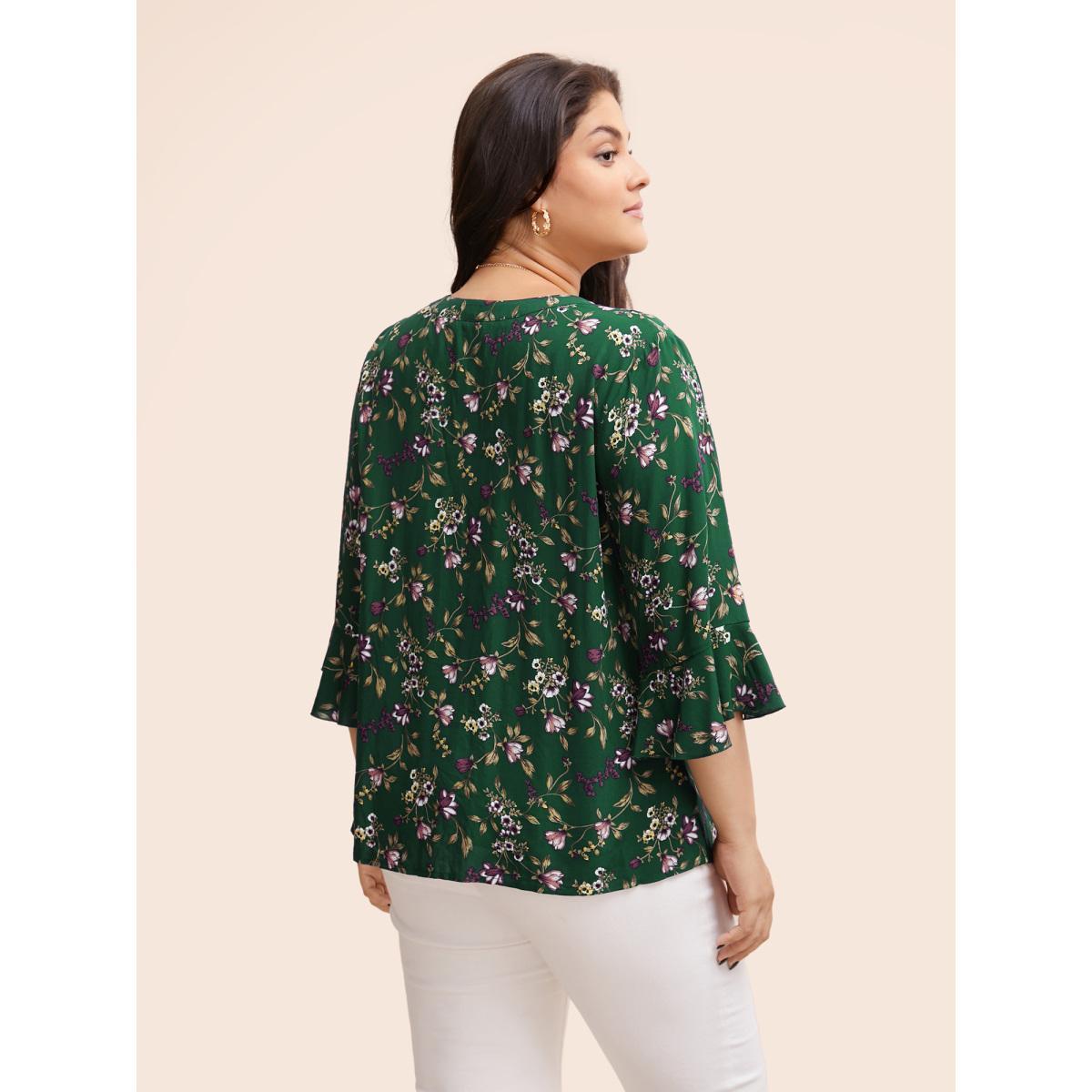 Plus Size DarkGreen Ditsy Floral Pleated Flutter Sleeve Blouse Women Elegant Elbow-length sleeve Flat collar with V-notch Everyday Blouses BloomChic 28/5X Product Image