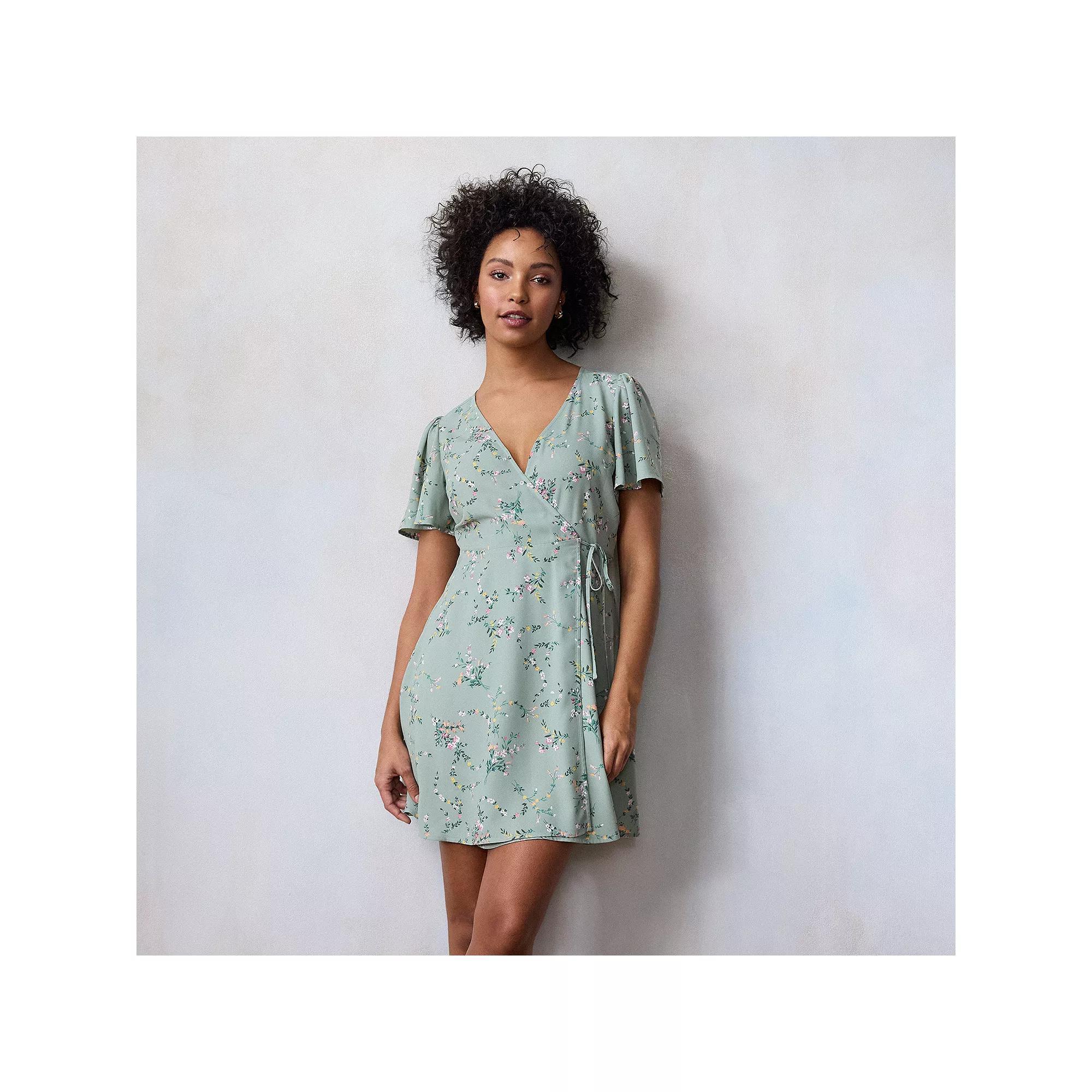 Women's LC Lauren Conrad Short Sleeve Wrap Mini Dress, Size: XS, Green Fleurs Astrid Product Image