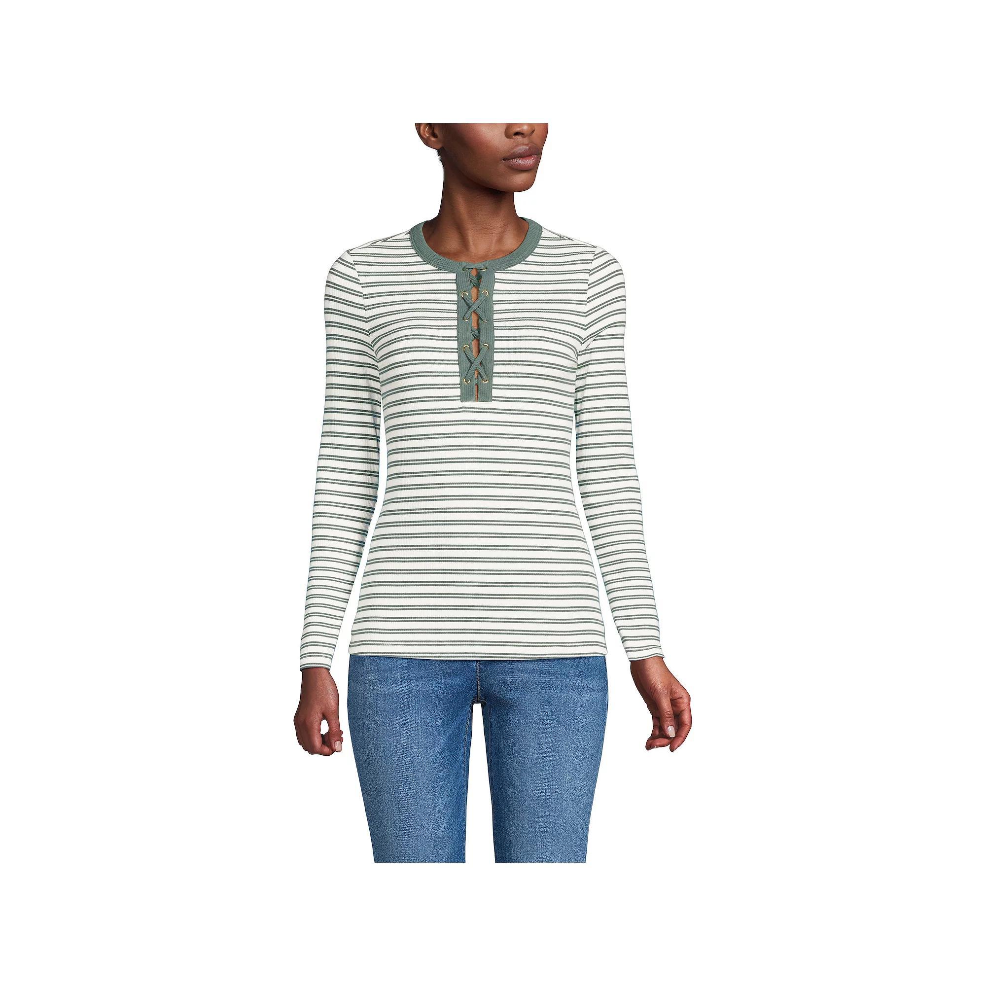 Women's Lands' End Polished Rib Tie Henley Top, Size: Medium, Green Dual Stripe Product Image