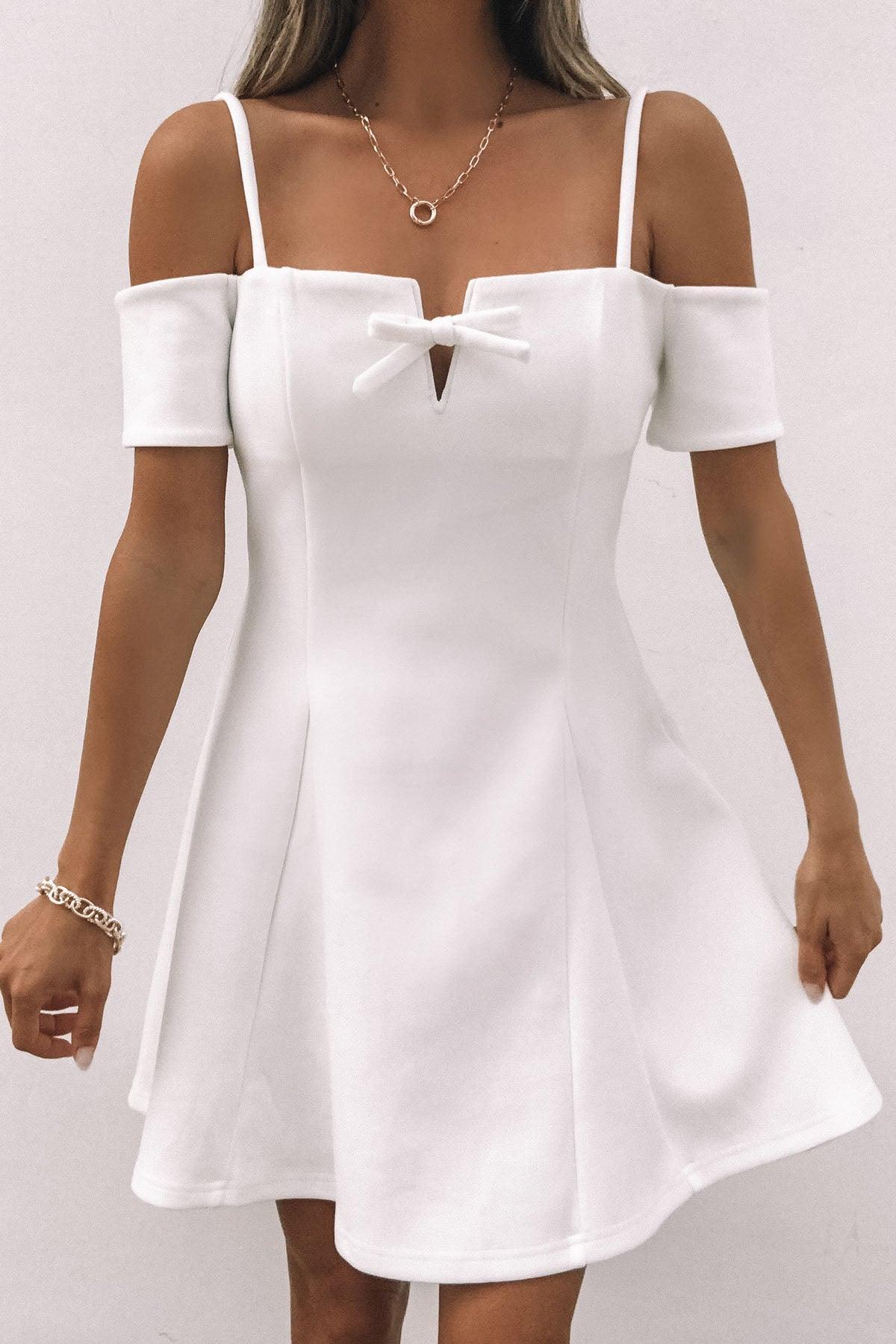 White Cold Shoulder Flare Mini Dress Product Image