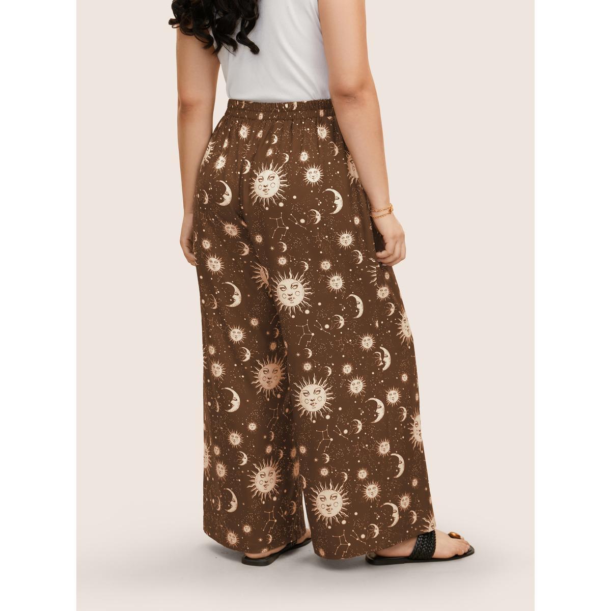 Plus Size Silhouette Floral Print Ties Side Seam Pocket Pants Women Yellowishbrown Elegant Wide Leg High Rise Everyday Pants BloomChic 30/6X Product Image