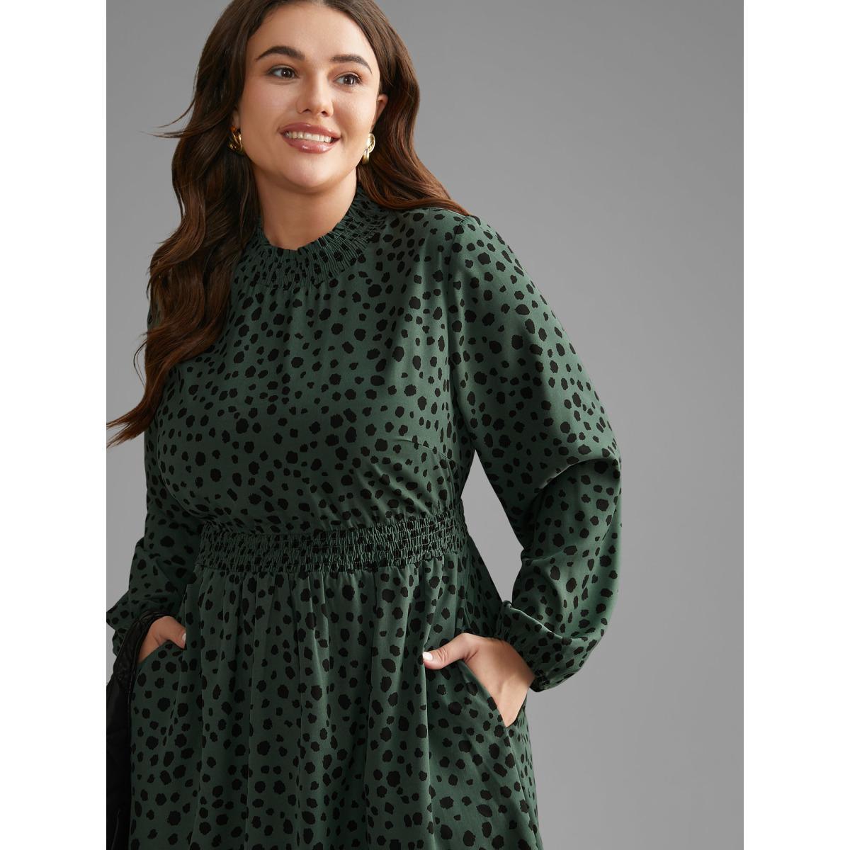 Plus Size Polka Dot Shirred Frill Trim Dress DarkGreen Women At the Office Frill Trim Mock Neck Long Sleeve Curvy BloomChic 26/4X Product Image