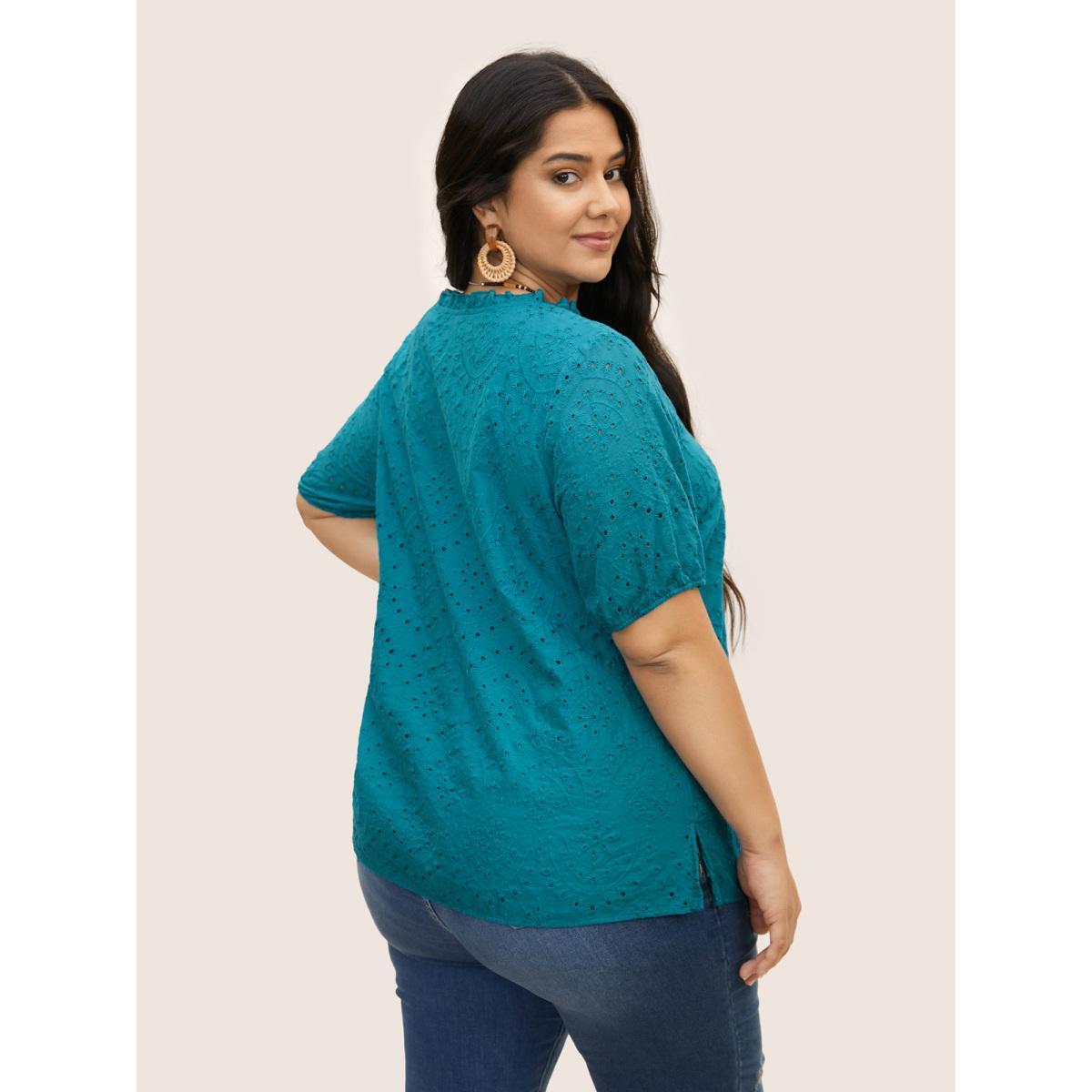 Plus Size Cerulean Broderie Anglaise Tassels Lantern Sleeve Blouse Women Resort Half Sleeve Notched collar Vacation Blouses BloomChic 18-20/2X Product Image