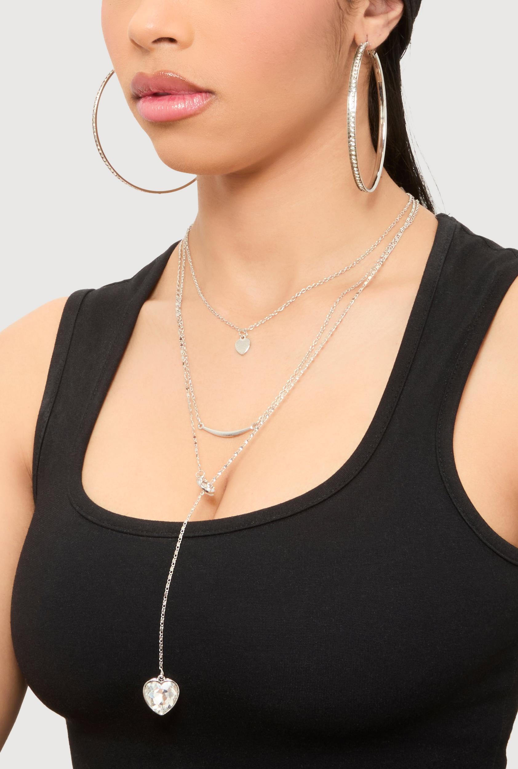 Heart Charm Layered Necklace and Hoop Earring Trio Set Female Product Image