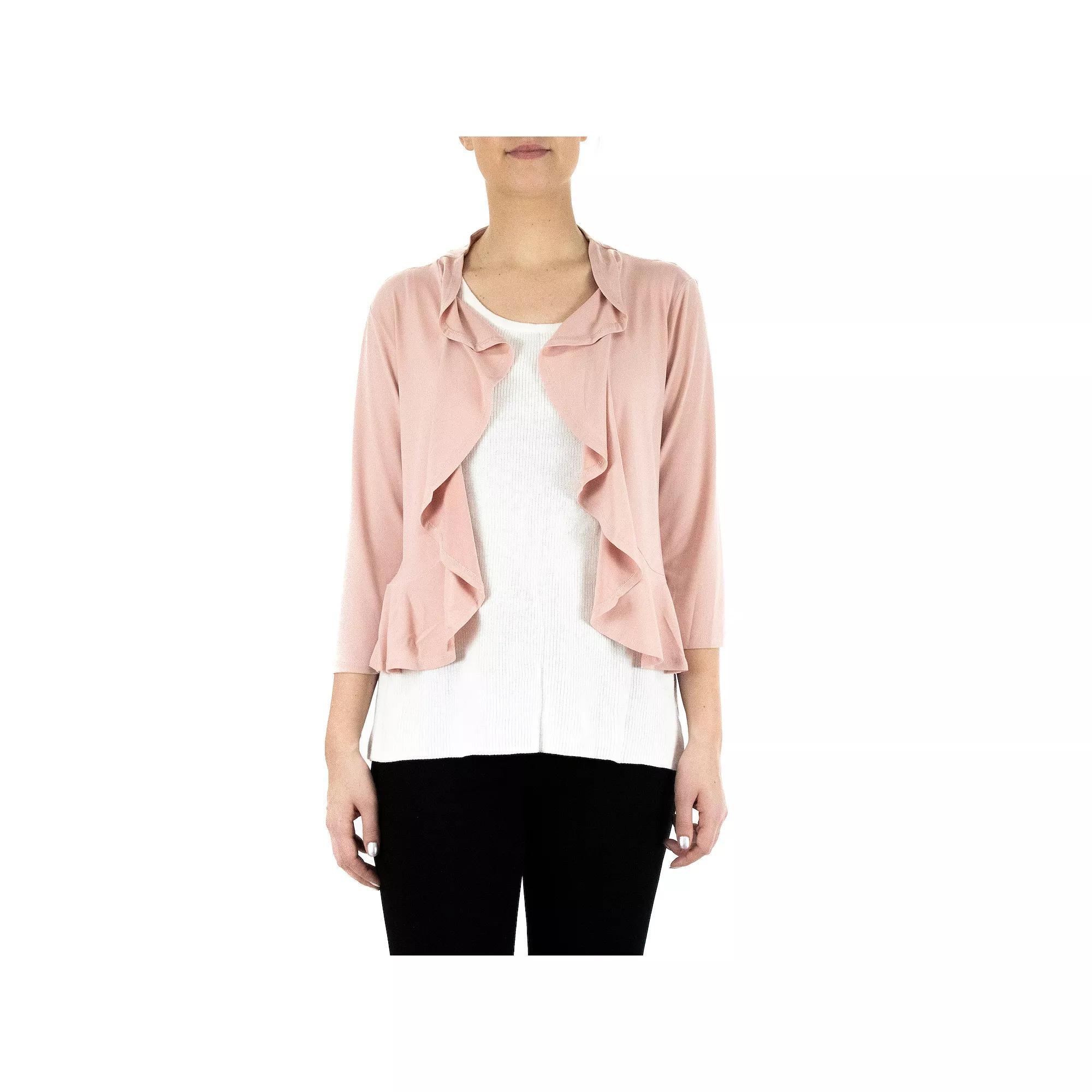 Women's Nina Leonard Ruffle Open-Front Cardigan, Size: Large, Blush Product Image