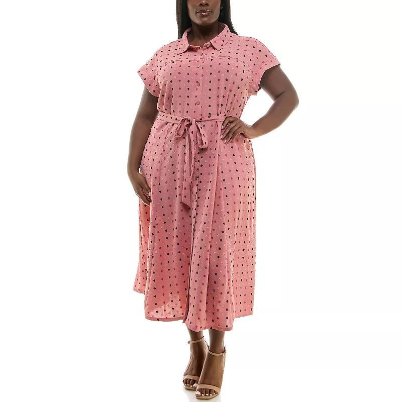 Plus Size Nina Leonard Swiss Dot Print Collared Short Sleeve Midi Shirt Dress, Womens Blue Team Product Image