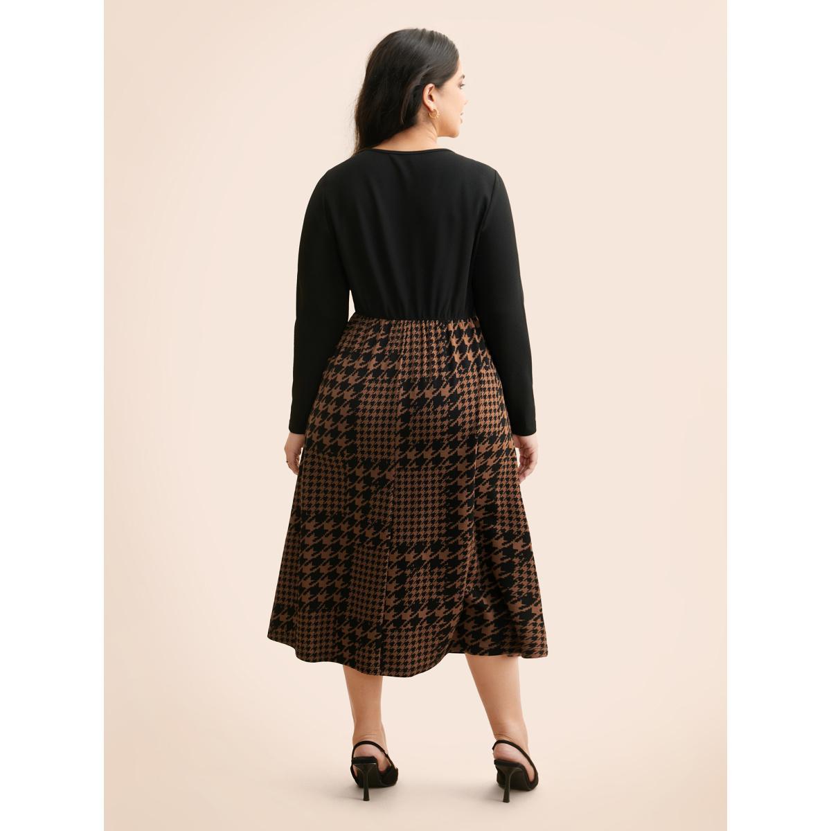 Plus Size Houndstooth Patchwork Cut Out Midi Dress Browncoffeecolor Women At the Office Patchwork Round Neck Long Sleeve Curvy BloomChic 30/6X Product Image