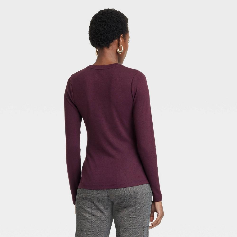 Womens Slim Fit Long Sleeve Ribbed T-Shirt - A New Day Burgundy Product Image