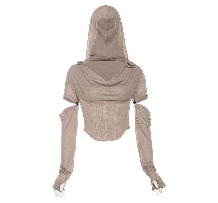 Long Sleeve Cowl Neck Plain Hooded Bustier Crop Top Product Image